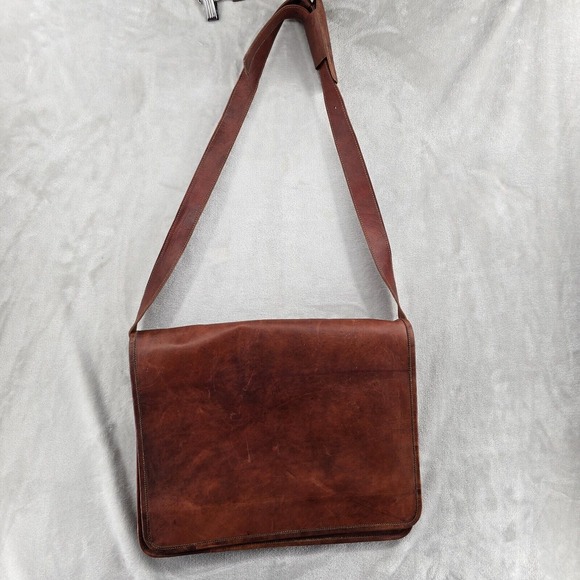 Komals Passion‎ Leather Brown Vintage Messager Large Crossbody Bag Briefcase - Picture 1 of 9